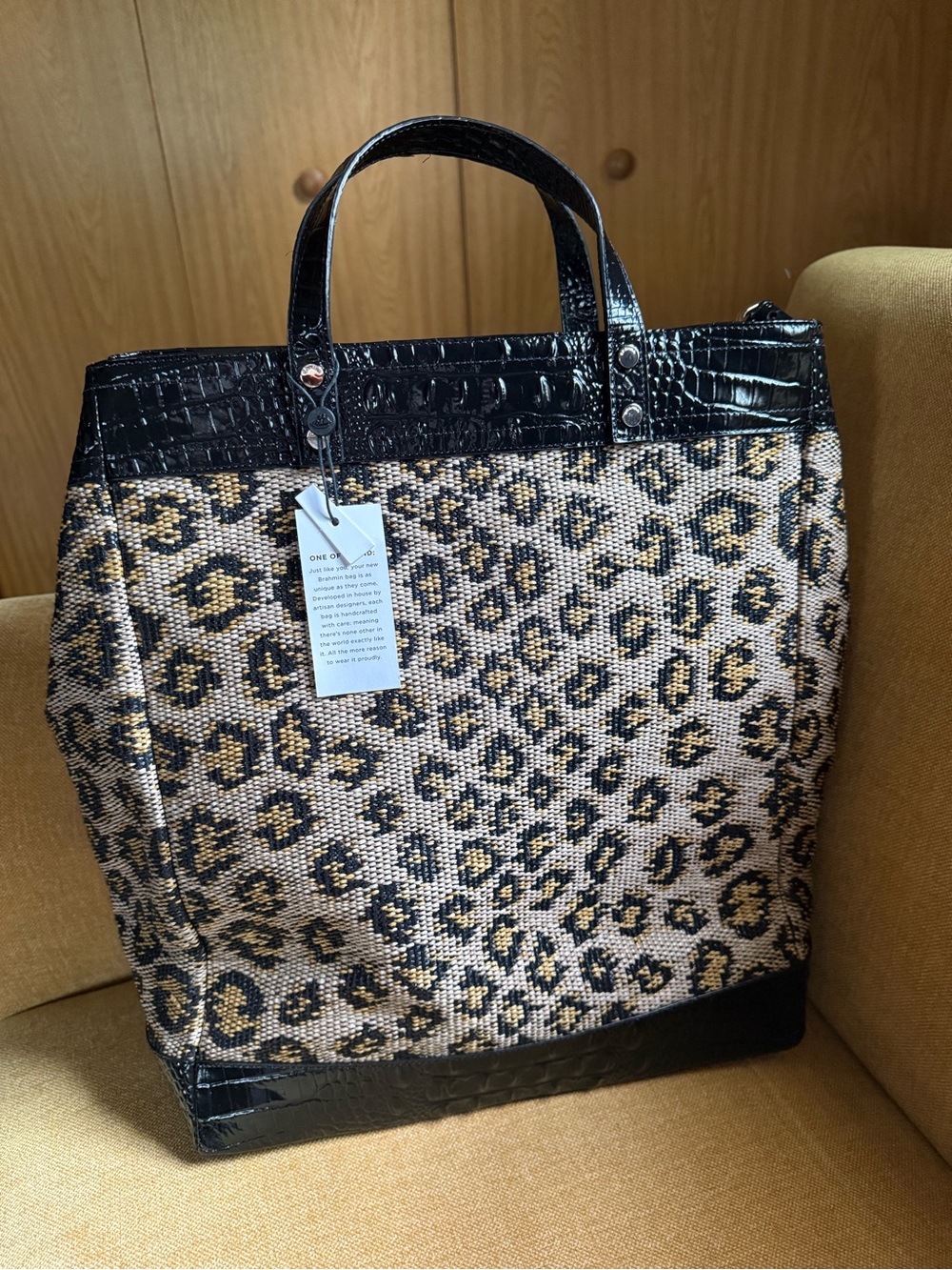 Brahmin Leopard Print Tote with Black Croc-Embossed Trim - Picture 8 of 11